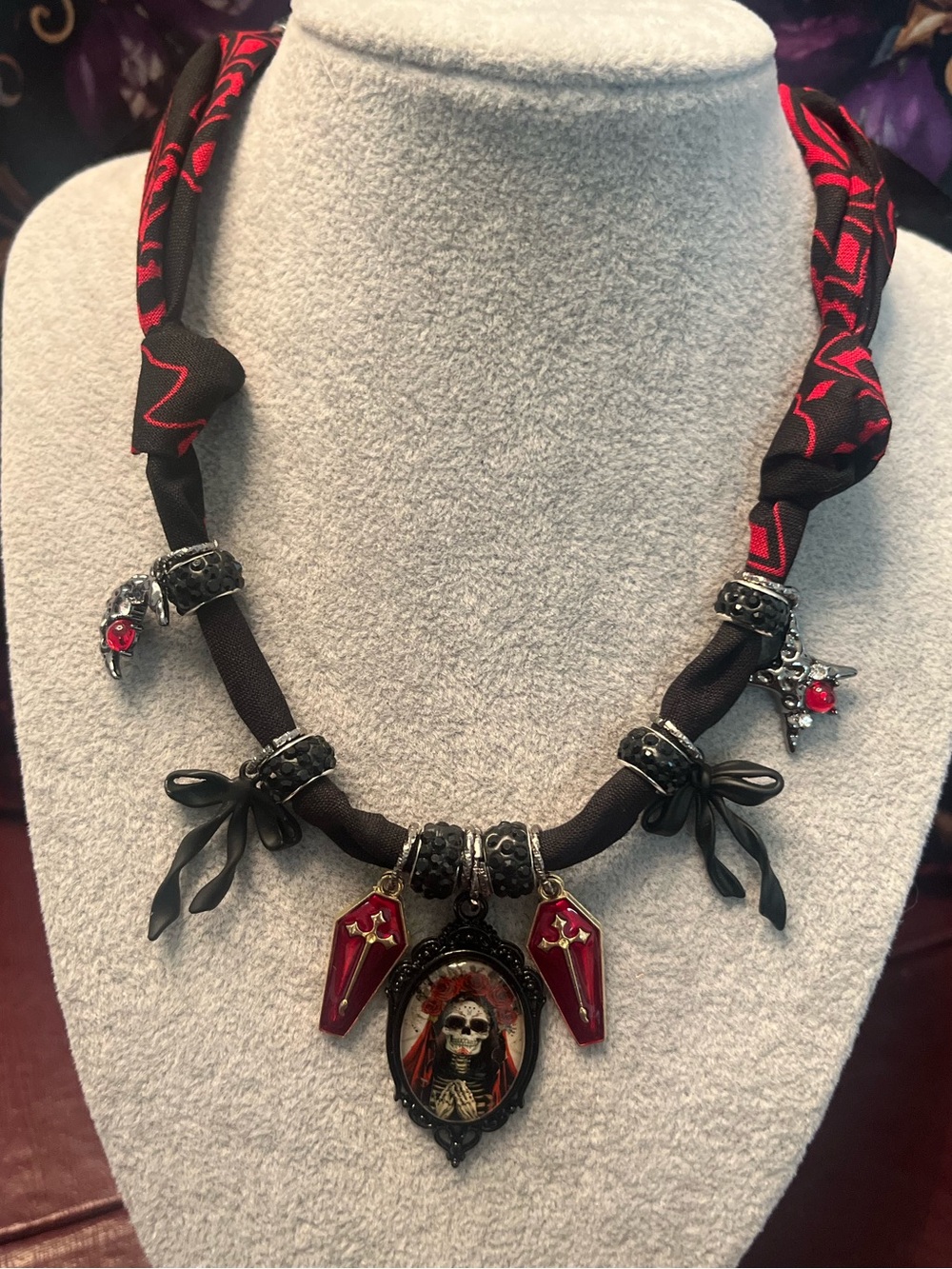 Gothic Day of the Dead Sugar Skull Coffin Pendant Necklace in Black & Red